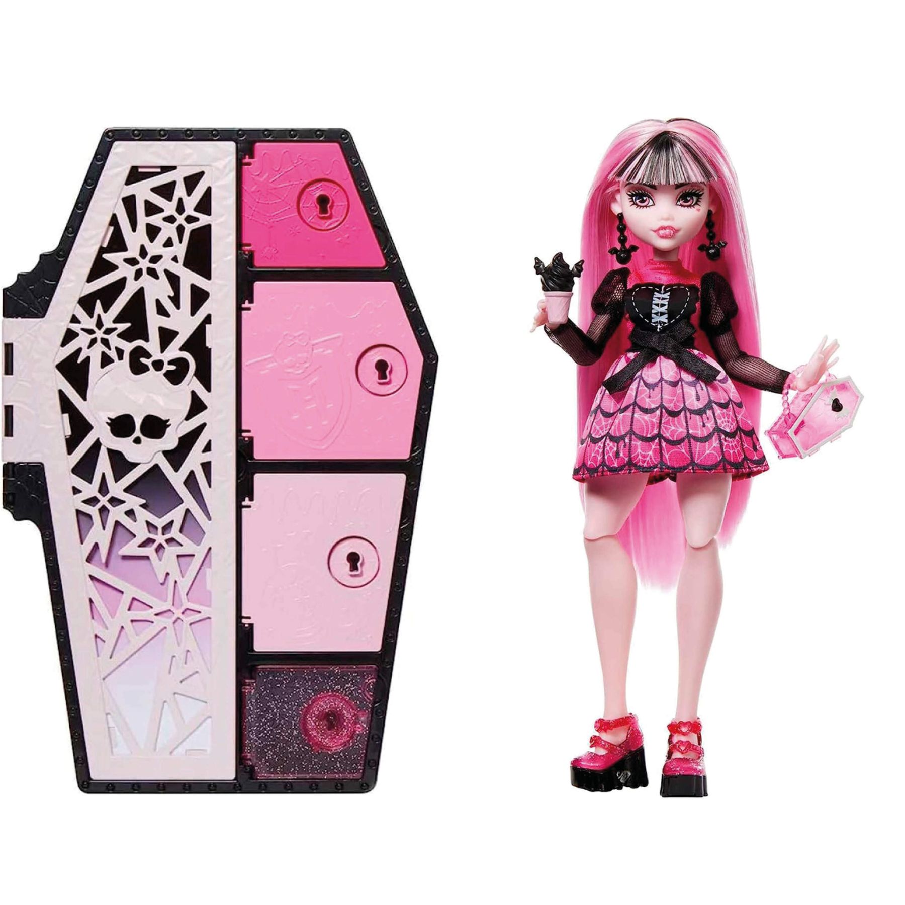 Monster High Doll and Fashion Set, Draculaura Doll, Skulltimate Secrets:  Fearidescent Series, Dress-Up Locker with 19+ Surprises